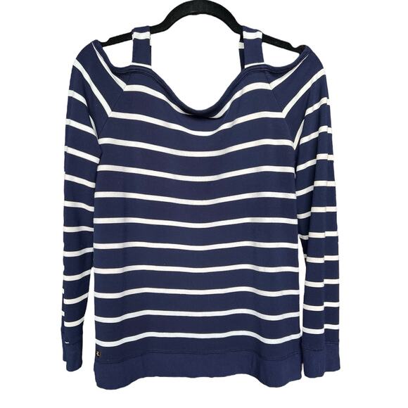 Lauren Ralph Lauren Women’s Cold Shoulder Navy Striped Sweater Top Medium - Picture 2 of 7